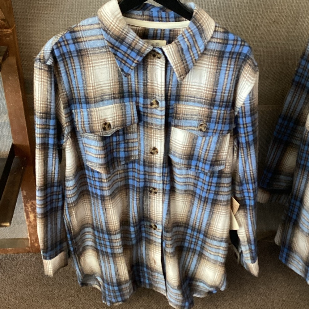 Purnell Blue and Brown Plaid Women's oversized w/ pockets flannel